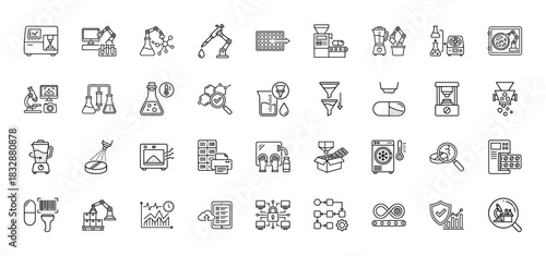 Pharmaceutical production line icon set. Vector pictograms of robotic arm, chemical mixer, capsule, and quality control, thin linear illustration.