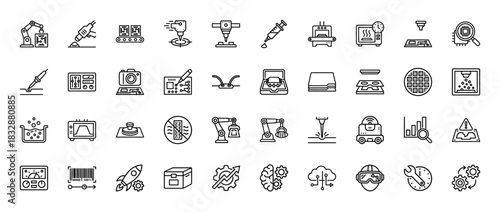Industrial manufacturing and technology line icon set. Vector pictograms of robotic arms, microchips, laser cutting, and automation, thin linear illustration.