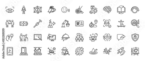 Artificial intelligence and technology line icon set. Vector pictograms of robot, brain, gear, automation, and security, thin linear illustration.