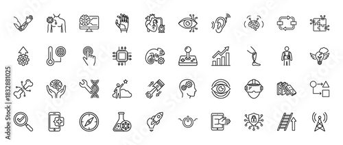 Future technology and bionics line icon set. Vector pictograms of robotics, artificial intelligence, and innovation concepts, thin linear illustration.