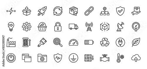 Industrial and logistics line icon set. Vector pictograms of shipping, manufacturing, cooling, security, and power, thin linear illustration.