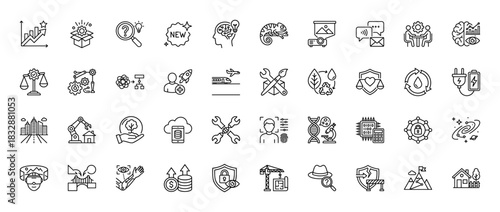 Technology and business line icon set. Vector pictograms of research, growth, ideas, innovation, and development, thin linear illustration.