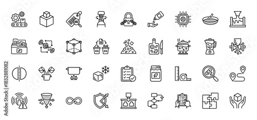 Manufacturing and production line icon set. Vector pictograms of assembly, packaging, quality control, and processing, thin linear illustration.