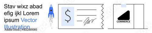 Financial management, e-commerce, innovation, entrepreneurship, technology, business growth. A receipt with dollar symbol, a rocket and commerce logo. Financial management and e-commerce theme