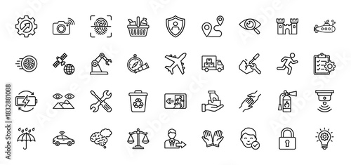 Technology and security line icon set. Vector pictograms of gear, camera, fingerprint, delivery, and defense, thin linear illustration.