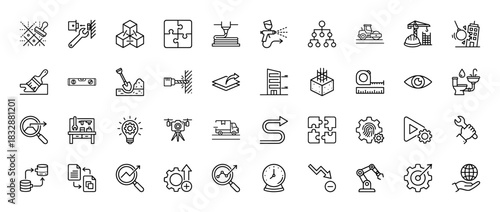 Engineering and development line icon set. Vector pictograms of construction, manufacturing, process, and tools, thin linear illustration.