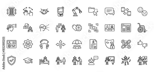 Technology and artificial intelligence line icon set. Vector pictograms of robotics, virtual reality, human-robot interaction, and automation, thin linear illustration.