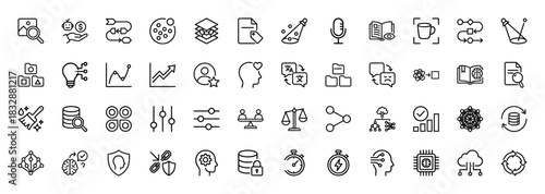 Data science and machine learning line icon set. Vector pictograms of algorithms, analysis, security, and research, thin linear illustration.