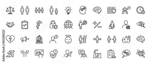 Business and technology line icon set. vector pictograms of human resources, security, problem-solving, and communication, thin linear illustration.