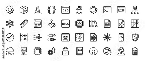 Programming and development line icon set. Vector pictograms of settings, sdk, rocket, code, bug, database, server, and cloud, thin linear illustration.