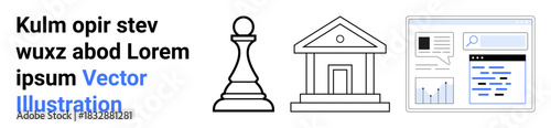 Business strategy, financial services, data insights, decision making, technology, leadership. Chess pawn, bank building and analytics dashboard icons. Business strategy and financial services