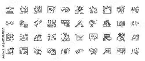 Creative arts and design line icon set. Vector pictograms of painting, music, video, fashion, gaming, architecture, photography, and printing, thin linear illustration.