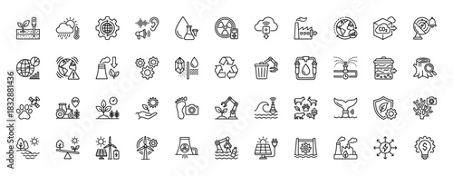 Ecology and environmental protection line icon set. Vector pictograms of renewable energy, pollution, climate change, and sustainability, thin linear illustration.