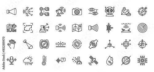 Robotics and sensor technology line icon set. Vector pictograms of camera, radar, robot, slame, and thermometer, thin linear illustration.