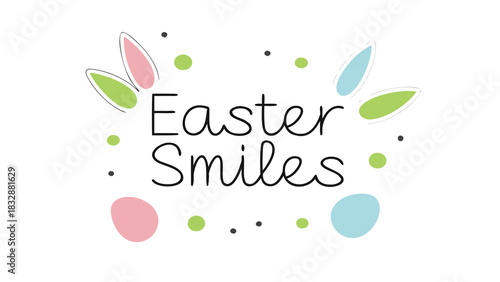 Happy easter message with playful bunny ears and colorful polka dots and egg shapes for a festive spring celebration