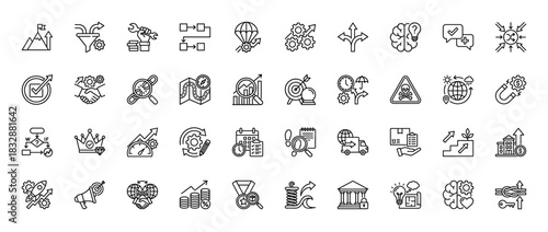 Business and management line icon set. Vector pictograms of process, strategy, success, analytics, and innovation, thin linear illustration.