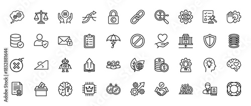 Business and legal protection line icon set. vector pictograms of security, data, finance, and intellect, thin linear illustration.