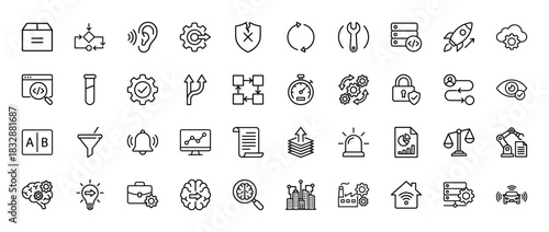 Technology and development line icon set. Vector pictograms of coding, testing, security, and analysis, thin linear illustration.