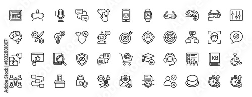 Technology and artificial intelligence line icon set. Vector pictograms of brain, robot, target, shopping cart, and vr headset, thin linear illustration.
