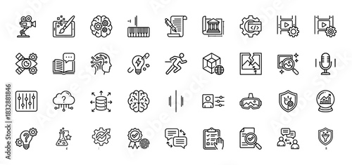 Technology and data line icon set. Vector pictograms of artificial intelligence, creativity, science, and development, thin linear illustration.