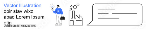 Innovation, business solutions, industrial production, communication, creative thinking, teamwork. A professional holds a light bulb next to a factory icon with a speech bubble. Innovation