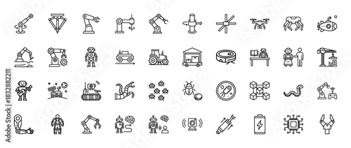 Robotics and automation line icon set. Vector pictograms of industrial robot arms, drone, submarine, cyborgs, and autonomous machines, thin linear illustration.