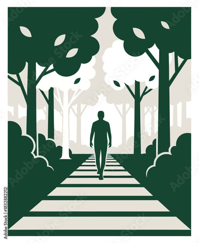 Man walking on a path through a forest with tall trees and dappled sunlight creating a peaceful and serene atmosphere in nature