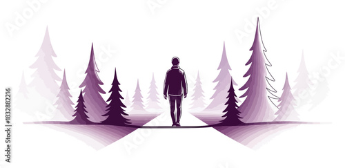 Person walking through a stylized forest of pine trees in shades of purple and white against a black background in a vector illustration