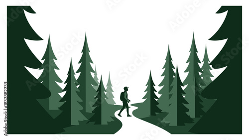 Silhouette of a lone traveler walking through a dark forest path surrounded by tall trees under a night sky creating a sense of mystery