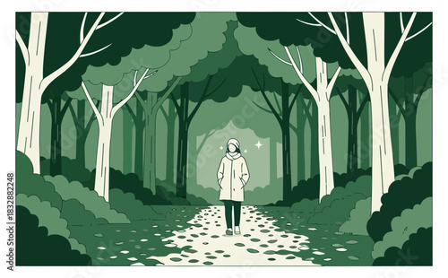 Person walking through a serene forest path with tall trees casting shadows and dappled sunlight creating a peaceful and magical atmosphere