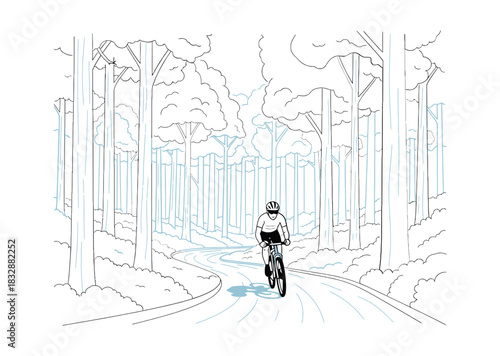 Silhouette figure stands in a light blue forest clearing with tall trees under a dark sky creating a mysterious and serene atmosphere