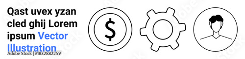 Finance, business operations, digital platforms, technology, human resources, communication. Black outline icons of a dollar sign, gear and user profile head. Finance and business operations concept