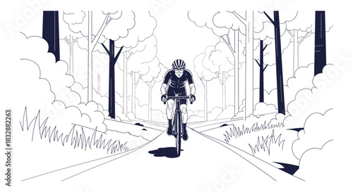 Cyclist riding through a dark forest path illuminated by a single light source creating a mysterious and atmospheric scene at night