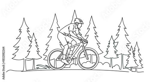Mountain biker riding through a dense forest with tall pine trees in a minimalist line art style perfect for outdoor adventure designs