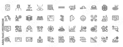 Semiconductor manufacturing line icon set. Vector pictograms of cleanroom, wafer, lithography, patent, and testing, thin linear illustration.