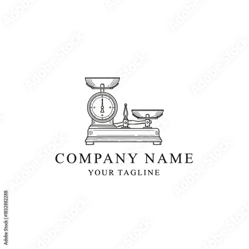 Hand drawn vintage weighing scale logo illustration vector.