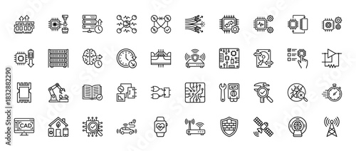 Electronics and technology line icon set. Vector pictograms of chip, board, automation, data, and robotics, thin linear illustration.