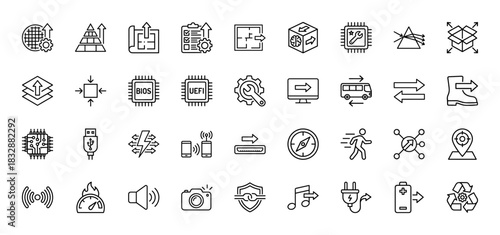 Technology and development line icon set. Vector pictograms of settings, engineering, components, logistics, and data layers, thin linear illustration.