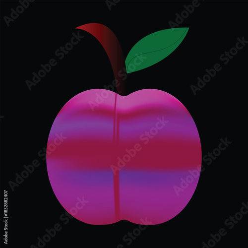Fresh red apple illustration on a black background with green leaf