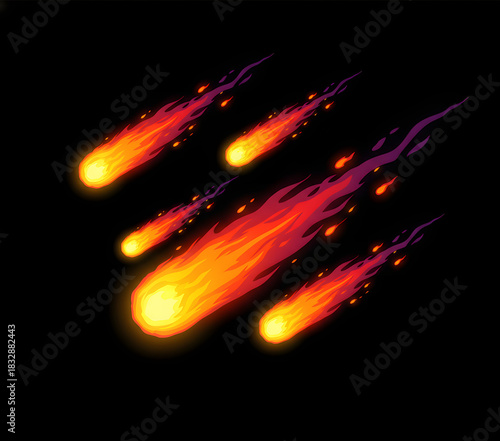 2D VFX sprite of a purple meteor with a glowing core and long fiery yellow tail. Stylized as in Warcraft or Arcane, dynamic against a pure black background.