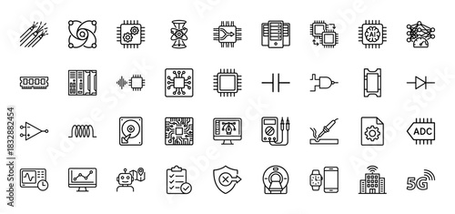 Electronics and computing line icon set. Vector pictograms of microchips, server, motherboard, and components, thin linear illustration.