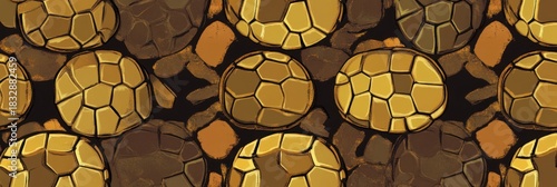 Turtle shell texture with copy space. Close-up turtle pattern. Reptile shell design. Turtle scales. Realistic turtle shell. Turtle design texture. Detailed turtle shell close-up. Wild Animal texture.	