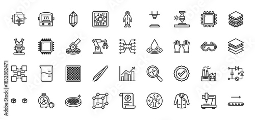 Semiconductor manufacturing line icon set. Vector pictograms of microchip, wafer, cpu, cleanroom, circuit, robot, laser, microscope, factory, thin linear illustration