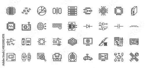 Technology and engineering line icon set. Vector pictograms of server, chips, sensors, neural networks, and circuits, thin linear illustration.
