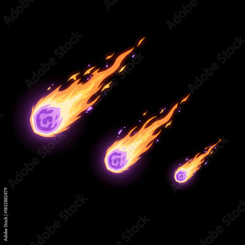 2D VFX sprite of a purple meteor with a glowing core and long fiery yellow tail. Stylized as in Warcraft or Arcane, dynamic against a pure black background.
