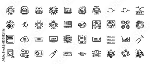 Electronics and computing line icon set. Vector pictograms of cpu, gpu, memory, motherboard, data storage, and network hardware, thin linear illustration.