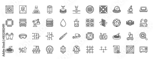 Semiconductor manufacturing line icon set. Vector pictograms of microchips, wafers, cleanrooms, and fabrication equipment, thin linear illustration.
