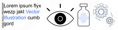 Health, vision, science, mechanics, medical research, innovation. Abstract eye, medicine bottle and interconnected gears in minimal design. Vision and health concept