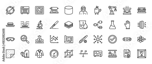 Laboratory and fabrication technology line icon set. Vector pictograms of a microscope, robotic arm, circuit board, cleanroom suit, and glassware, thin linear illustration.