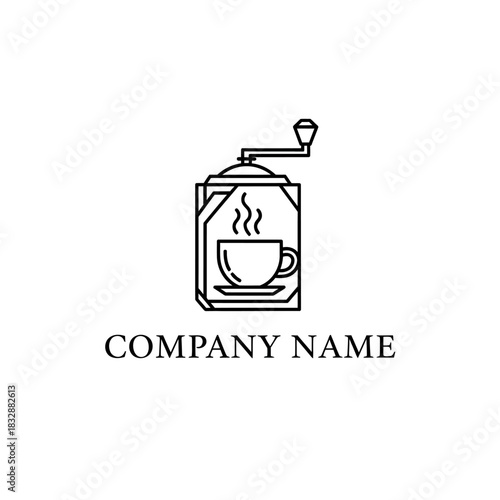 Elegant Coffee Grinder Logo Design with Steaming Cup Icon.